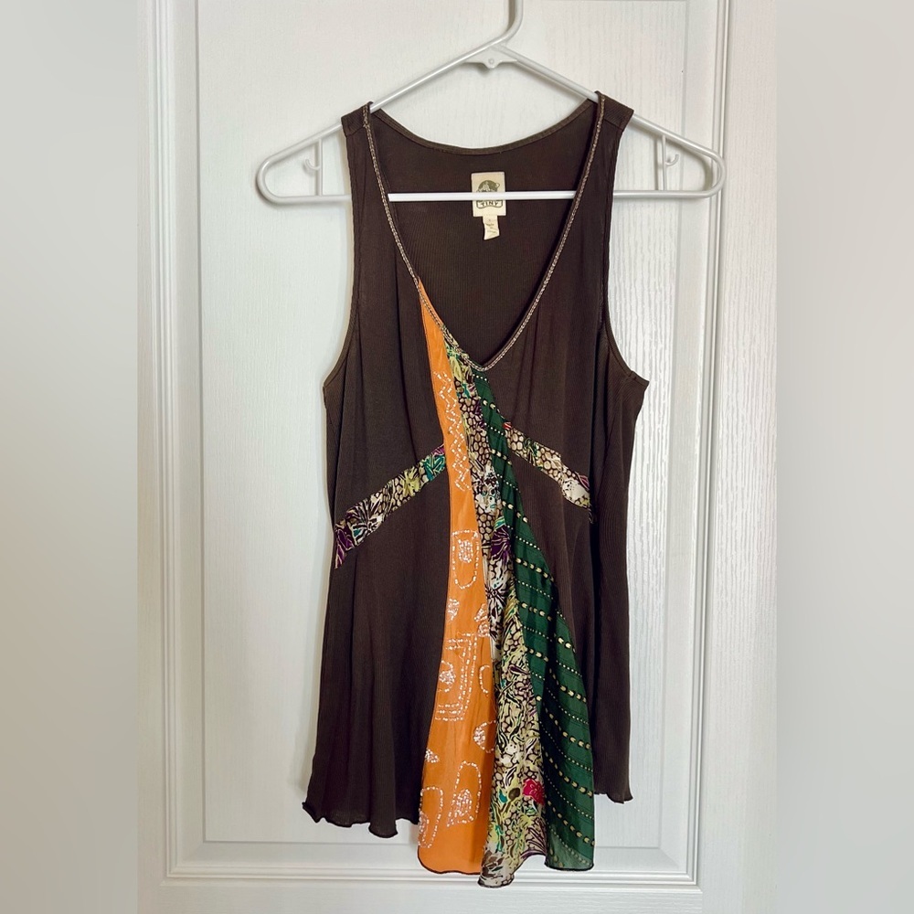 Anthropolgie Brown and Multicolor Boho Beaded Patchwork Tank Top